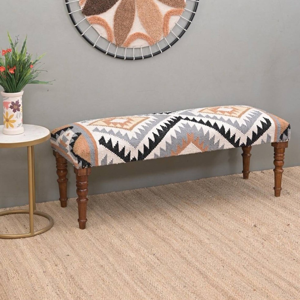 Banc ottoman en laine et jute à chevrons
