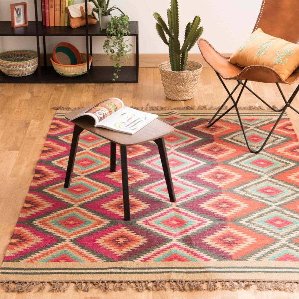 Tapis en laine et jute à losanges colorés