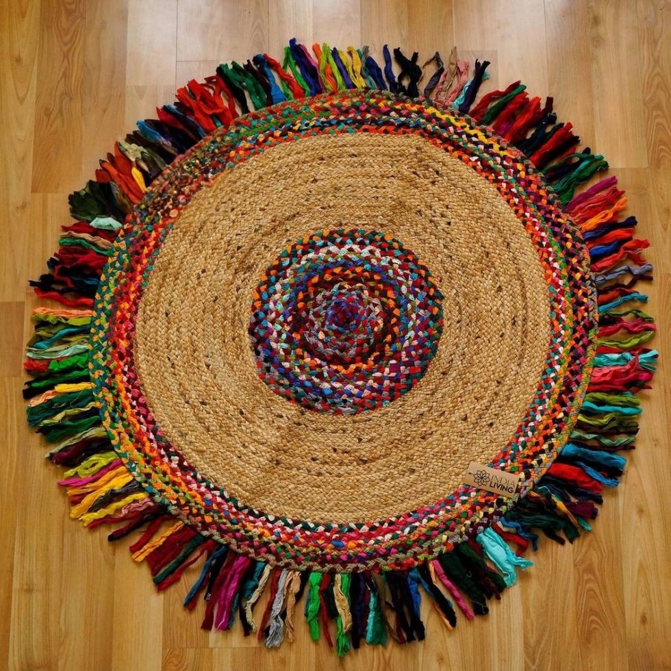 Tapis rond en coton jute avec pompons multicolores – Image 2