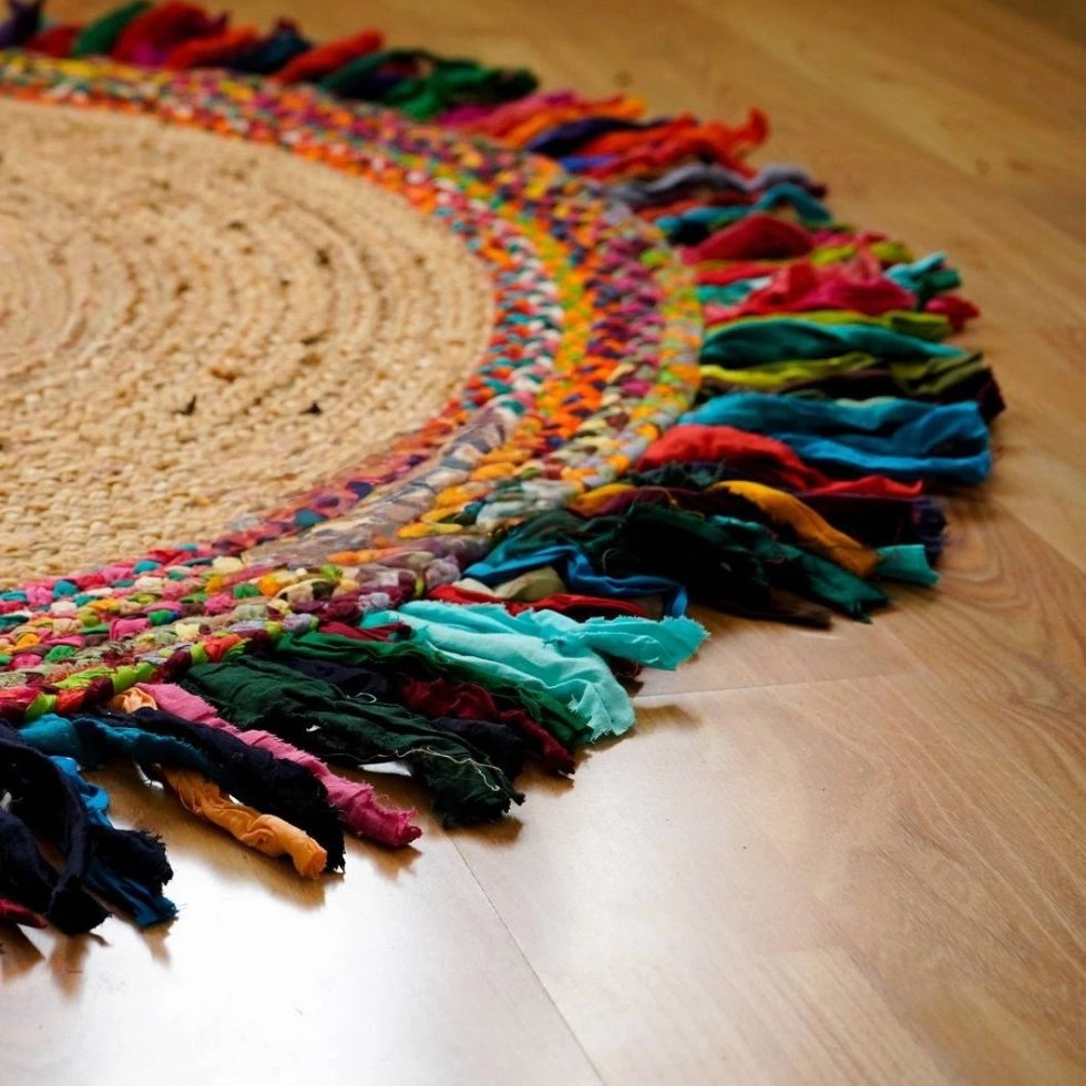 Tapis rond en coton jute avec pompons multicolores – Image 4