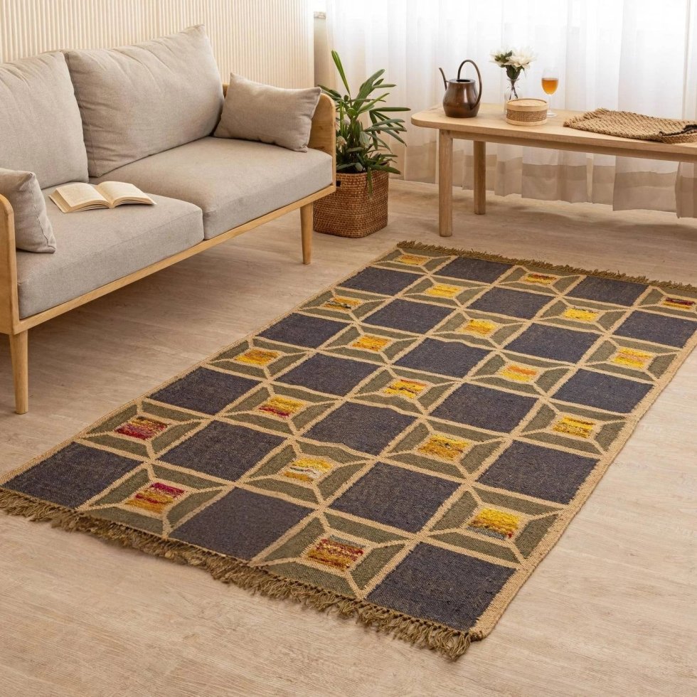 Tapis de jute en laine à carreaux vert et marine – Image 2