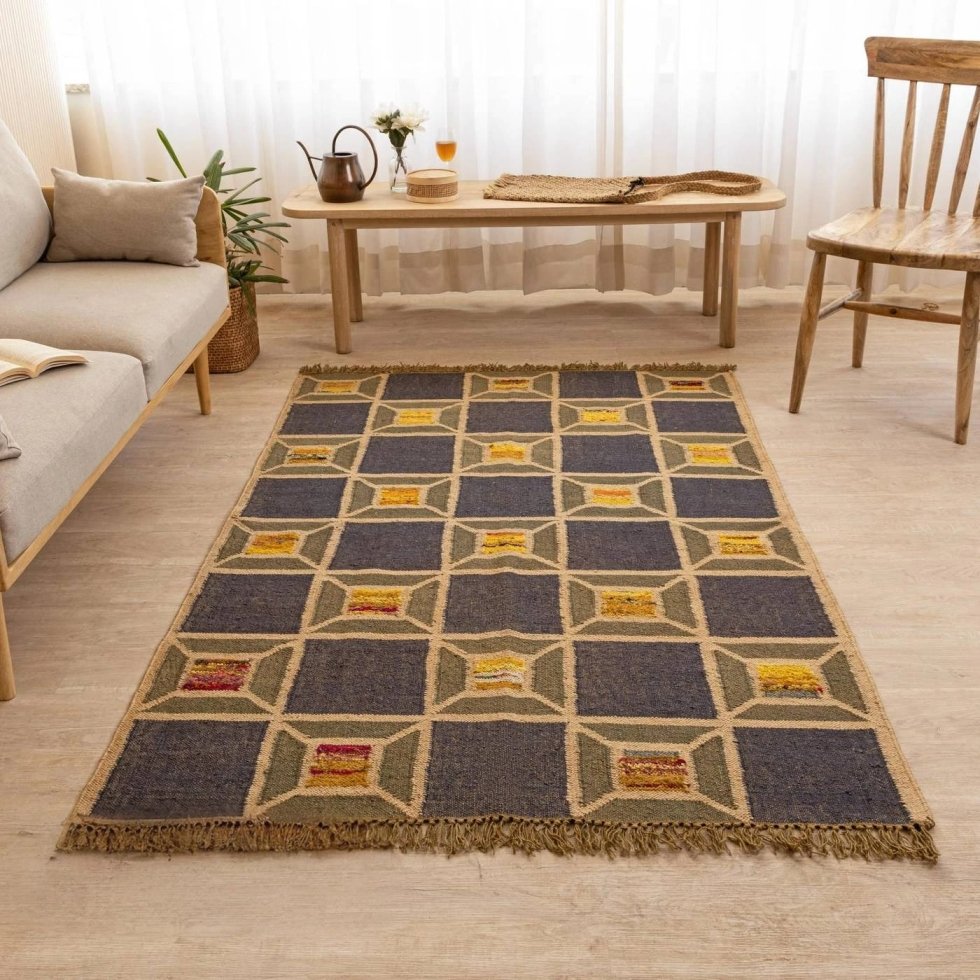 Tapis de jute en laine à carreaux vert et marine
