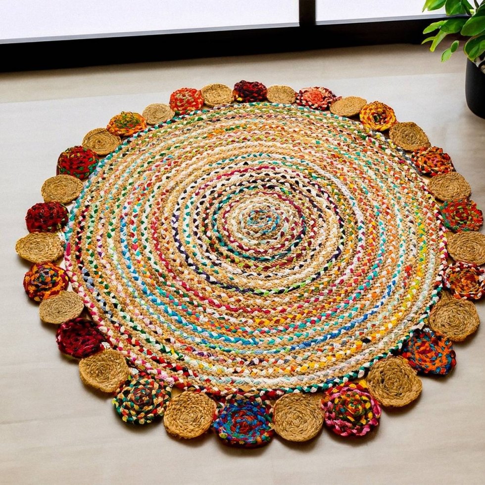 Tapis rond en chindi tressé à la main