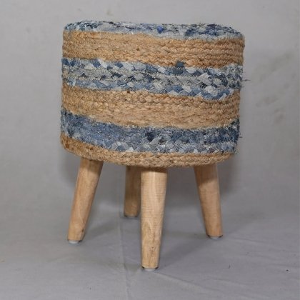 Handmade braided denim and jute pouf ottoman 4