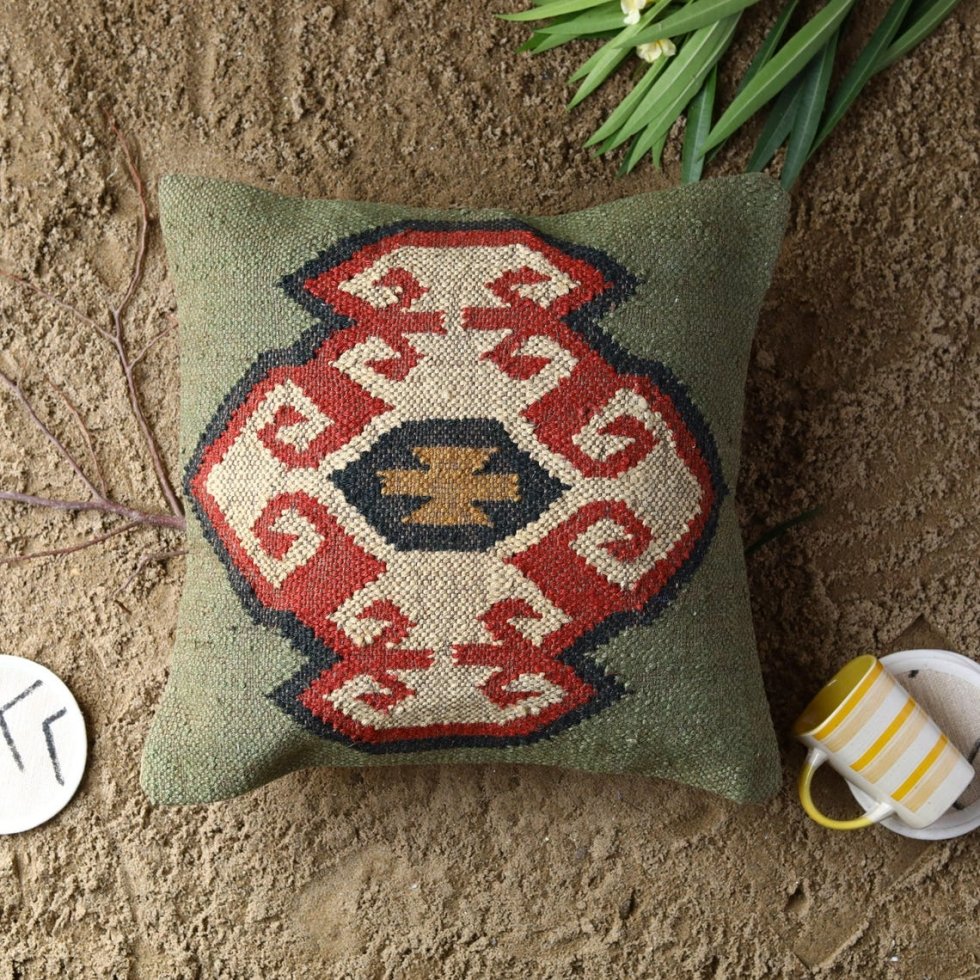 Coussin kilim en laine et jute tissé à la main – Image 3