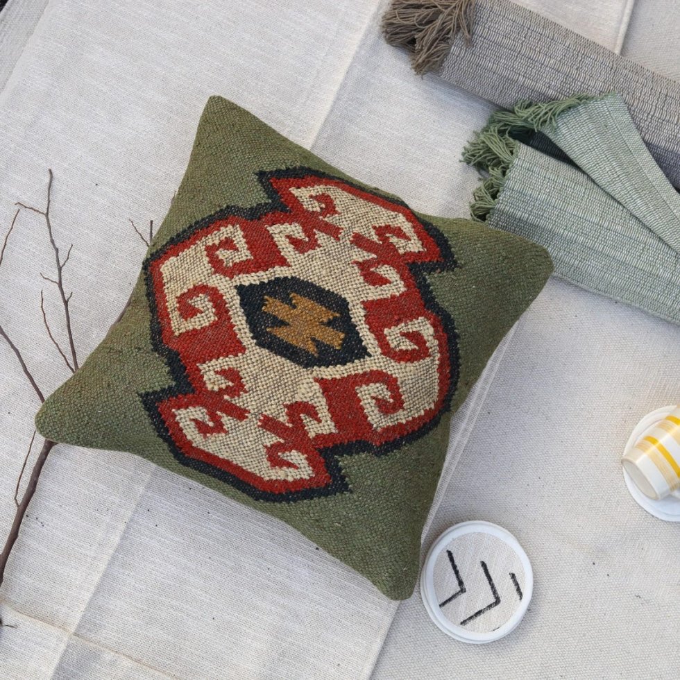 Coussin kilim en laine et jute tissé à la main – Image 2