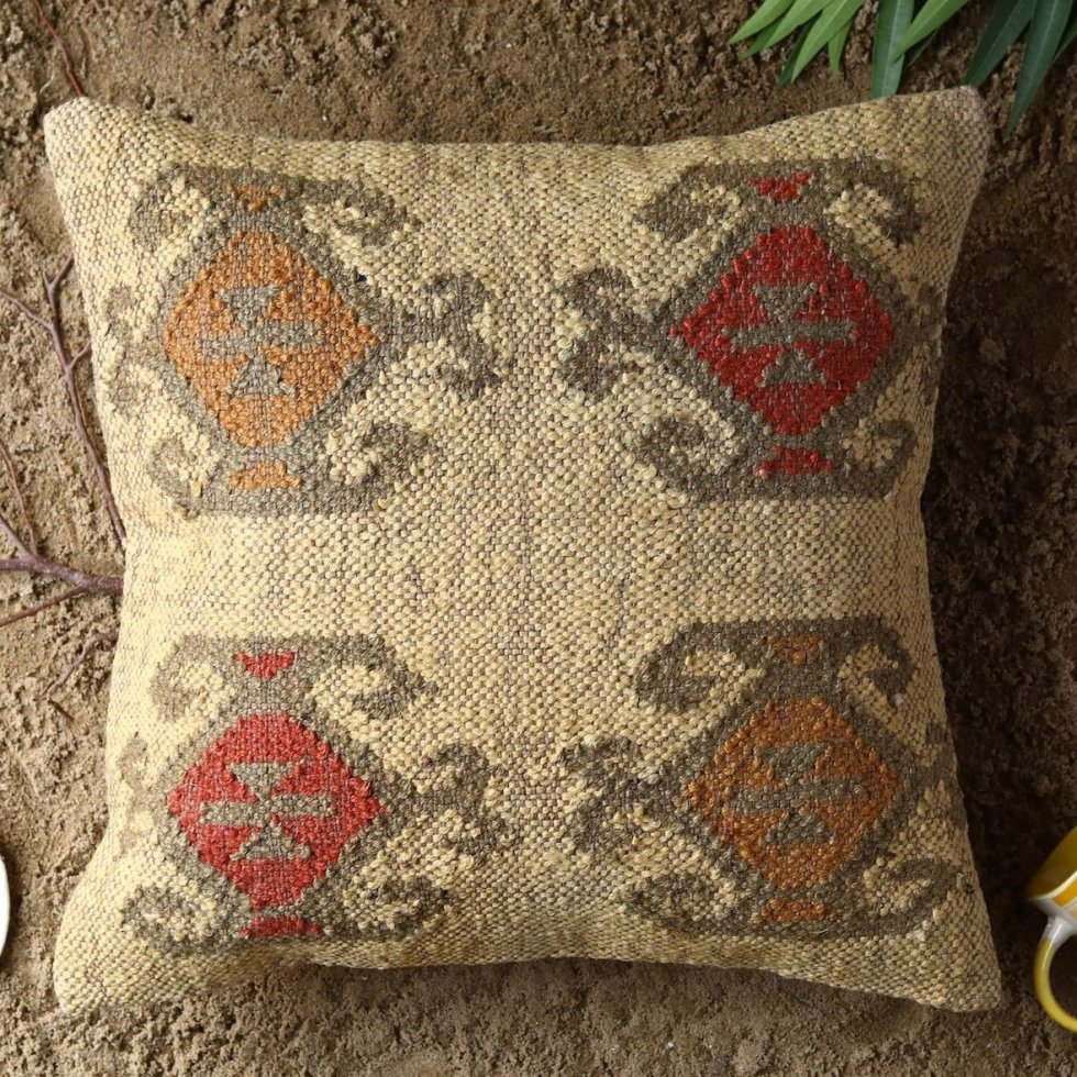 Coussin en laine navajo et jute ivoire