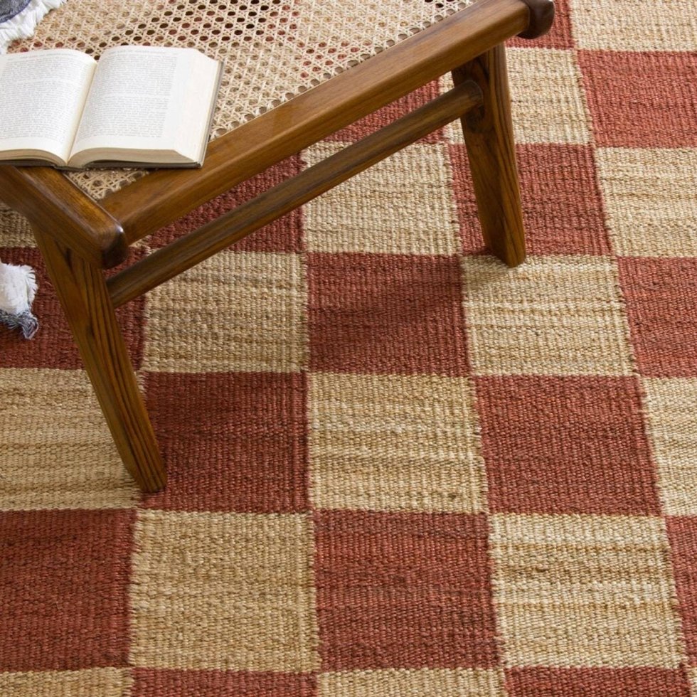 Tapis à carreaux en chanvre et jute naturel et rouille – Image 3