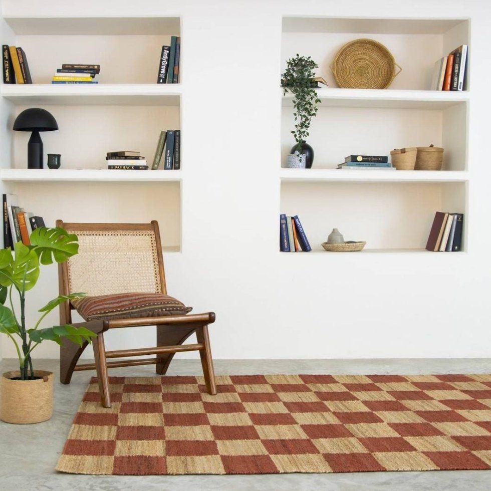 Tapis à carreaux en chanvre et jute naturel et rouille