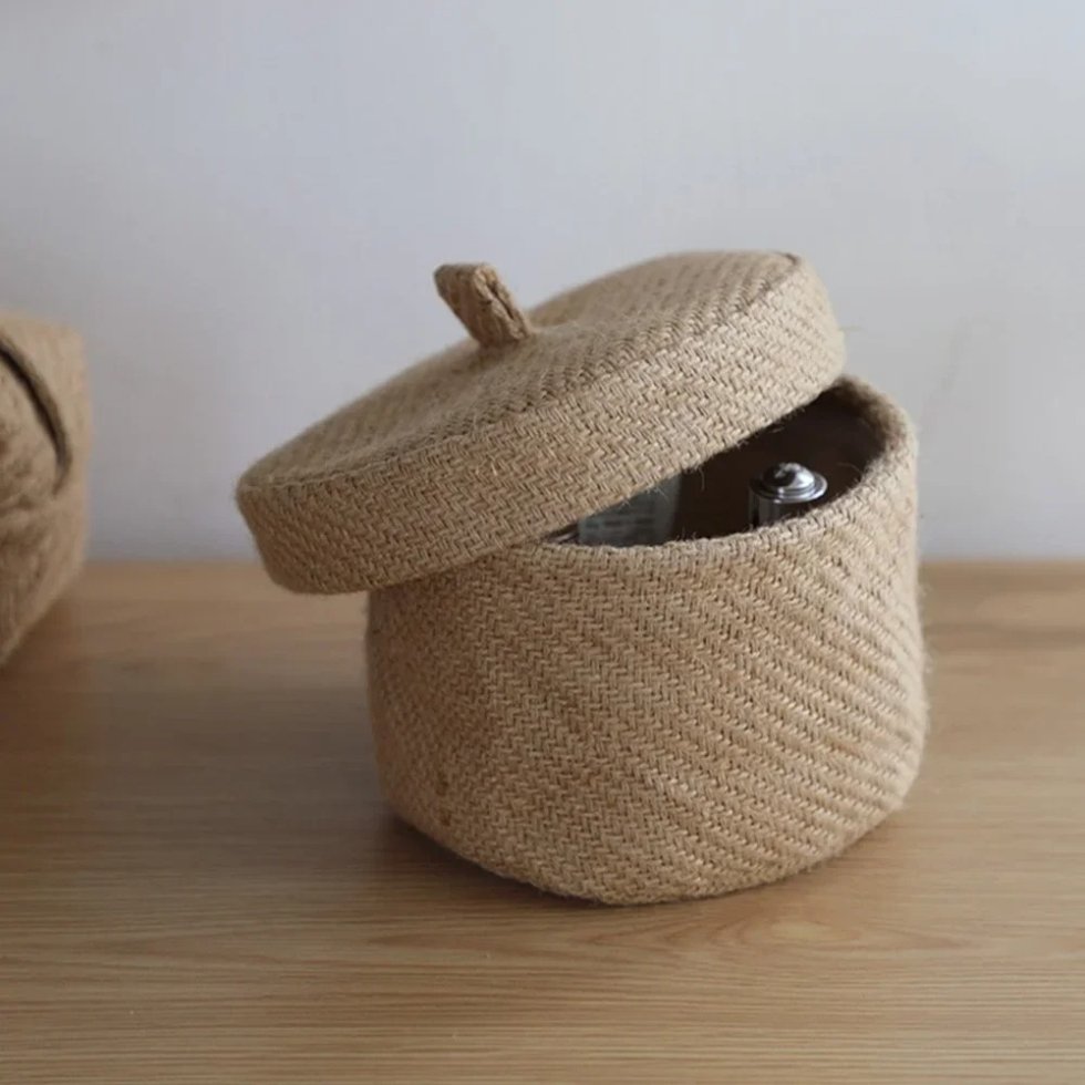 Panier rond en jute naturel avec couvercle