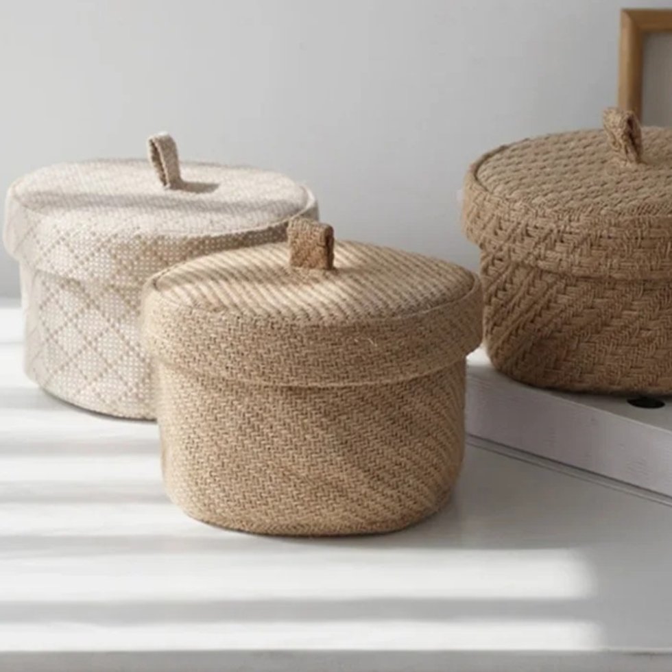 Panier rond en jute naturel avec couvercle – Image 3