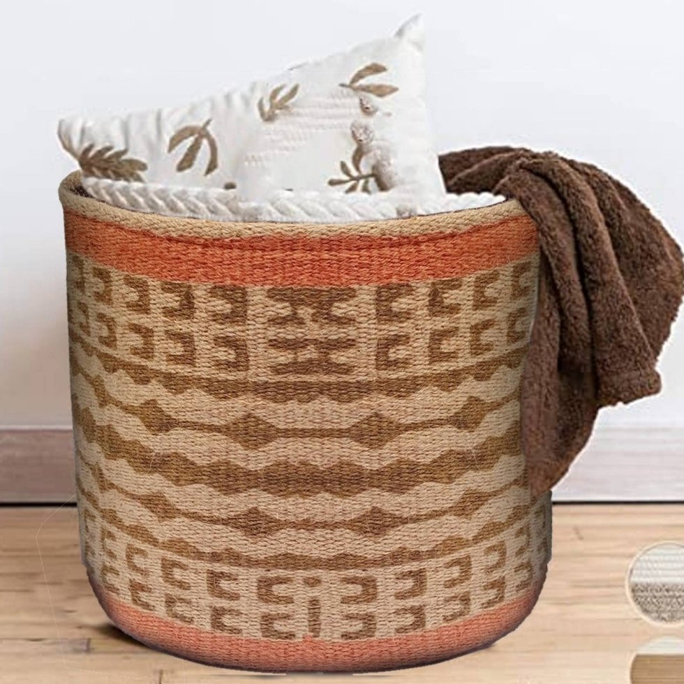 Panier rond en jute kilim à bordure orange – Image 4