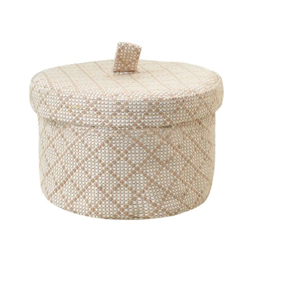 Panier rond en jute blanc et beige avec couvercle – Image 2