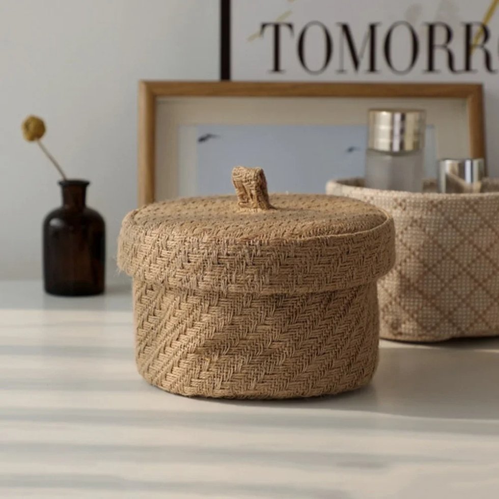 Panier rond en jute tressé avec couvercle