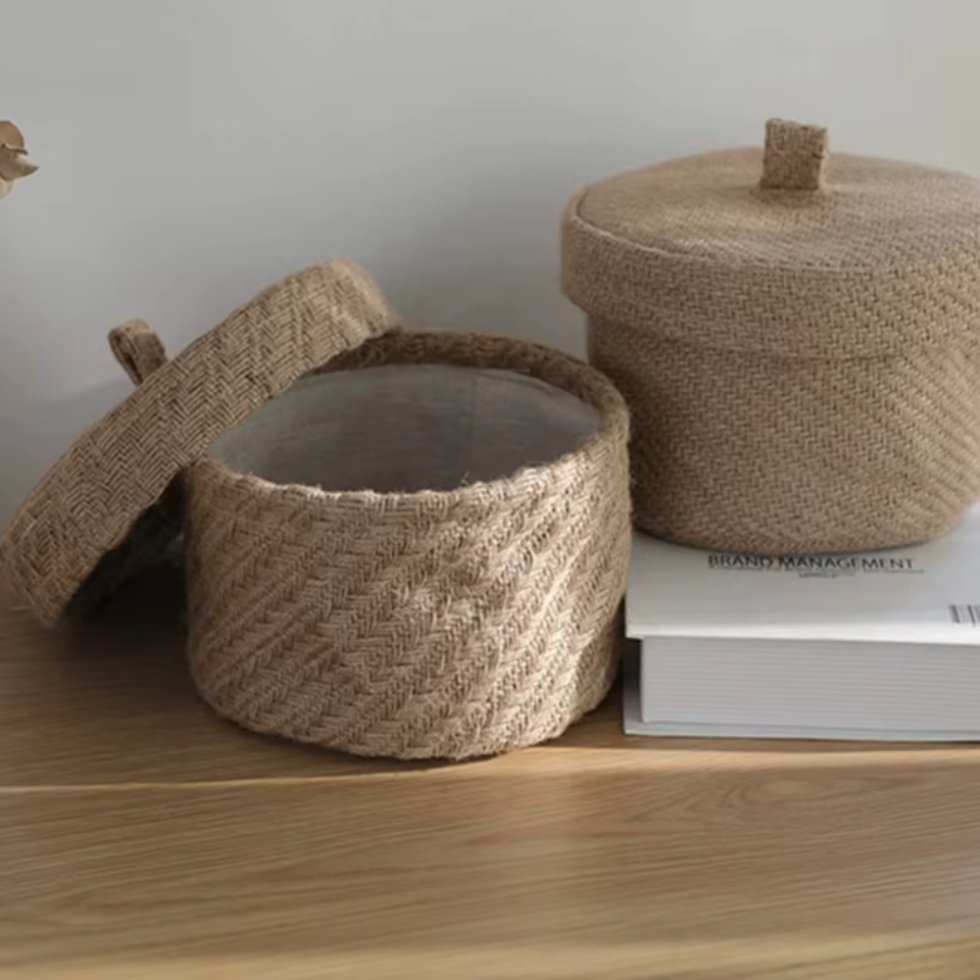 Panier rond en jute tressé avec couvercle – Image 4