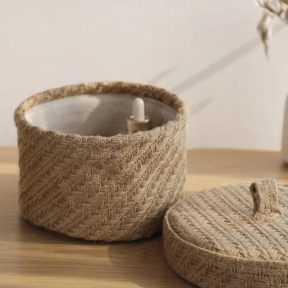 Panier rond en jute tressé avec couvercle – Image 3