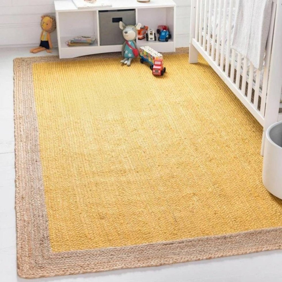 Tapis de jute tressé jaune avec bordure naturelle