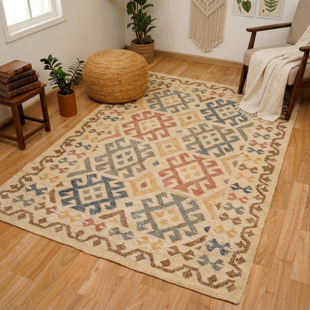 Tapis coton et jute beige motif aztèque Beige aztec cotton and jute rug