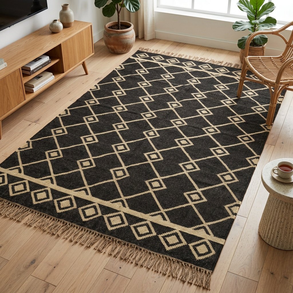 Tapis de jute en laine diamantée noire et naturelle Black and natural diamond wool jute rug