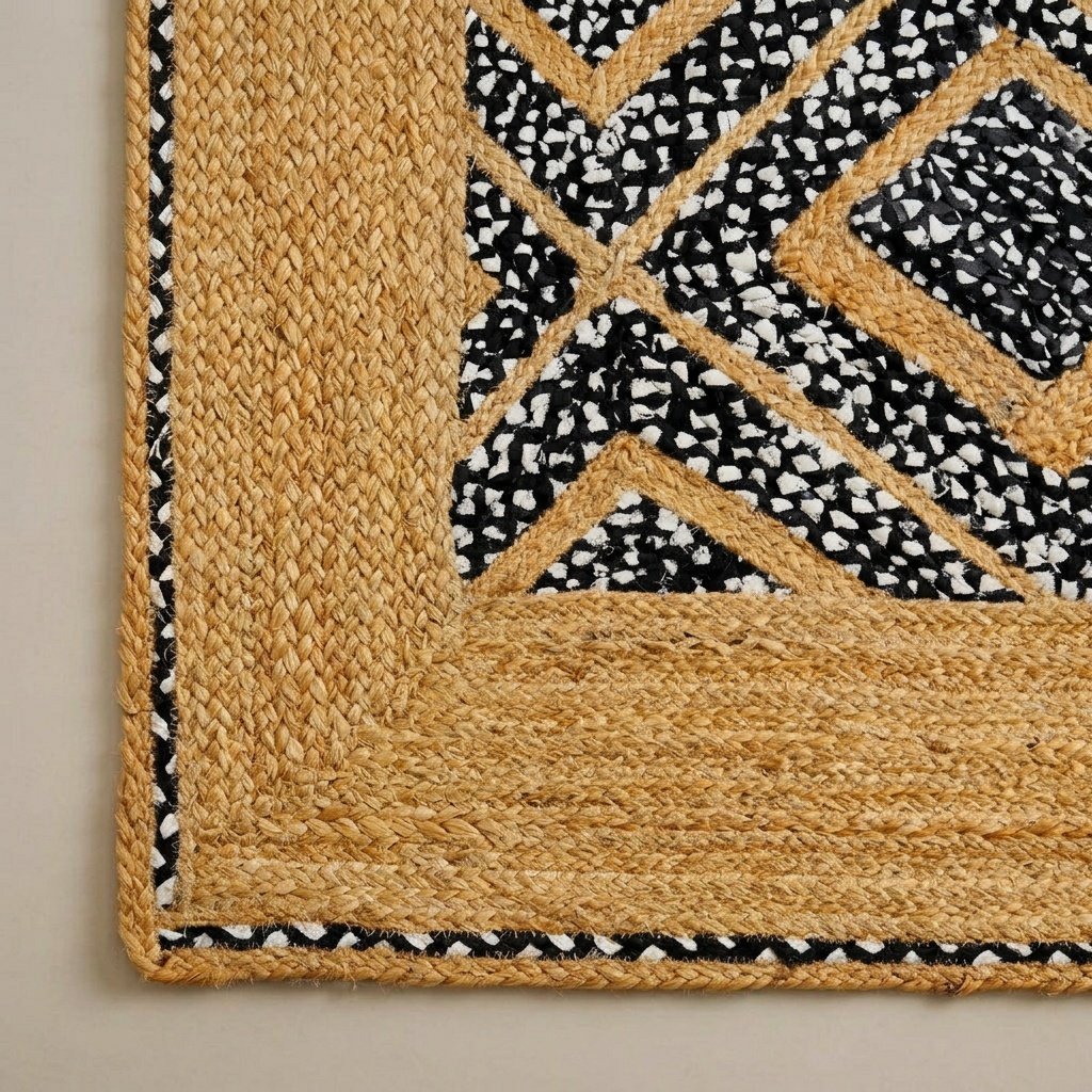 Tapis en coton jute à losanges noirs et blancs Black and white diamond cotton jute rug