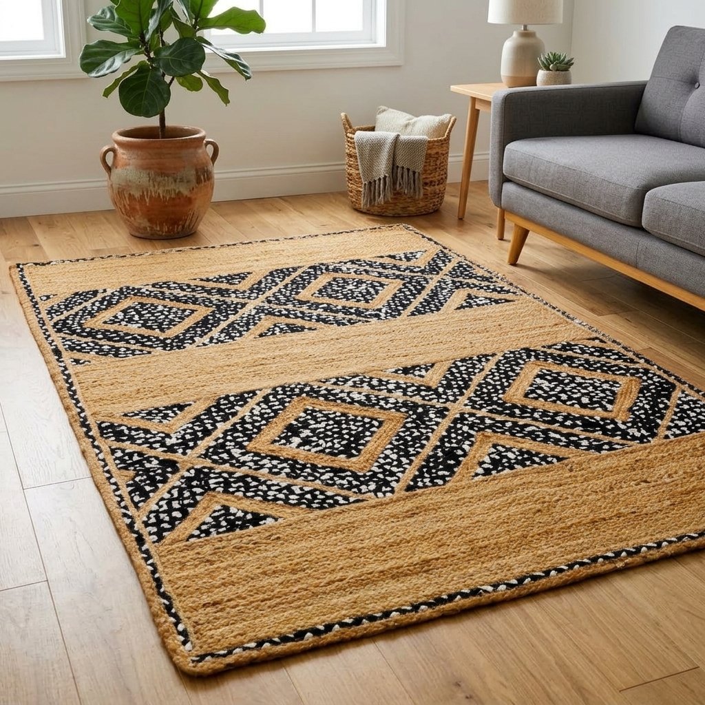Tapis en coton jute à losanges noirs et blancs Black and white diamond cotton jute rug