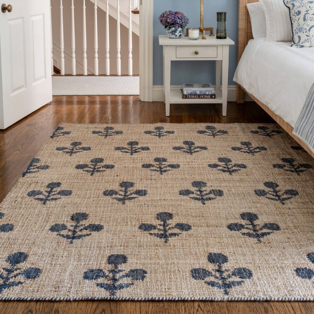 Tapis en coton et jute à fleurs noires Black flower cotton and jute rug
