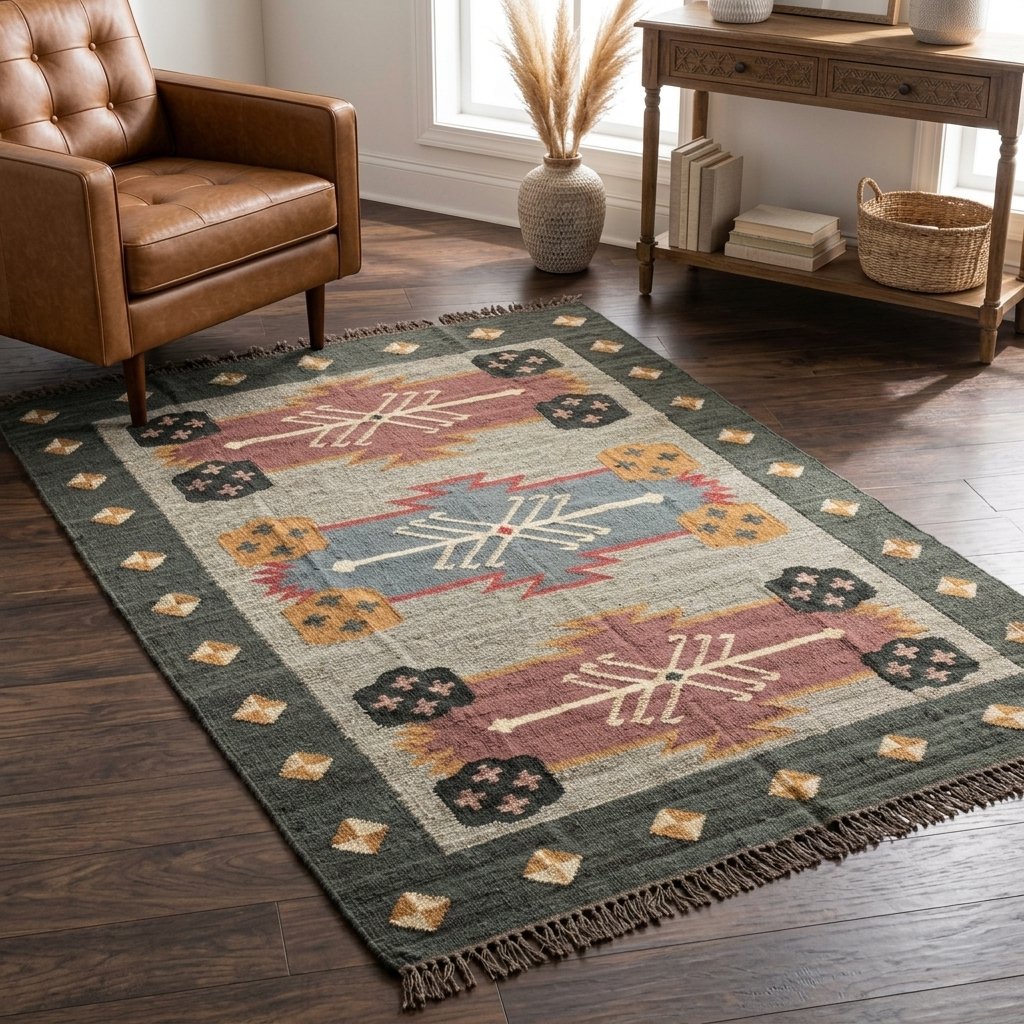 Tapis boho en laine et jute Boho wool jute kilim rug