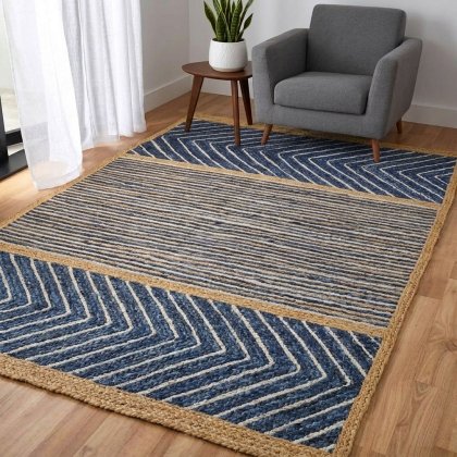 Braided blue chevron and striped jute rug