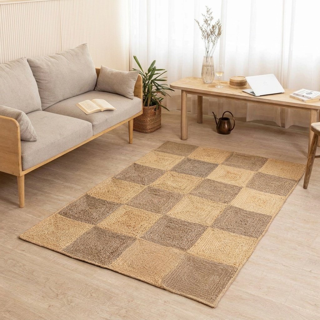 Tapis de jute à damier tressé Braided checkerboard jute rug