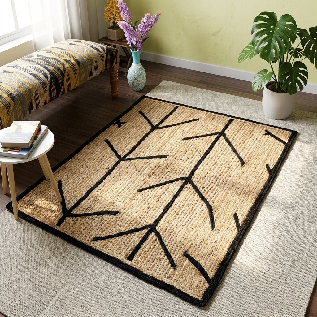 Tapis de jute tressé avec bordure noire Braided jute rugs with black border