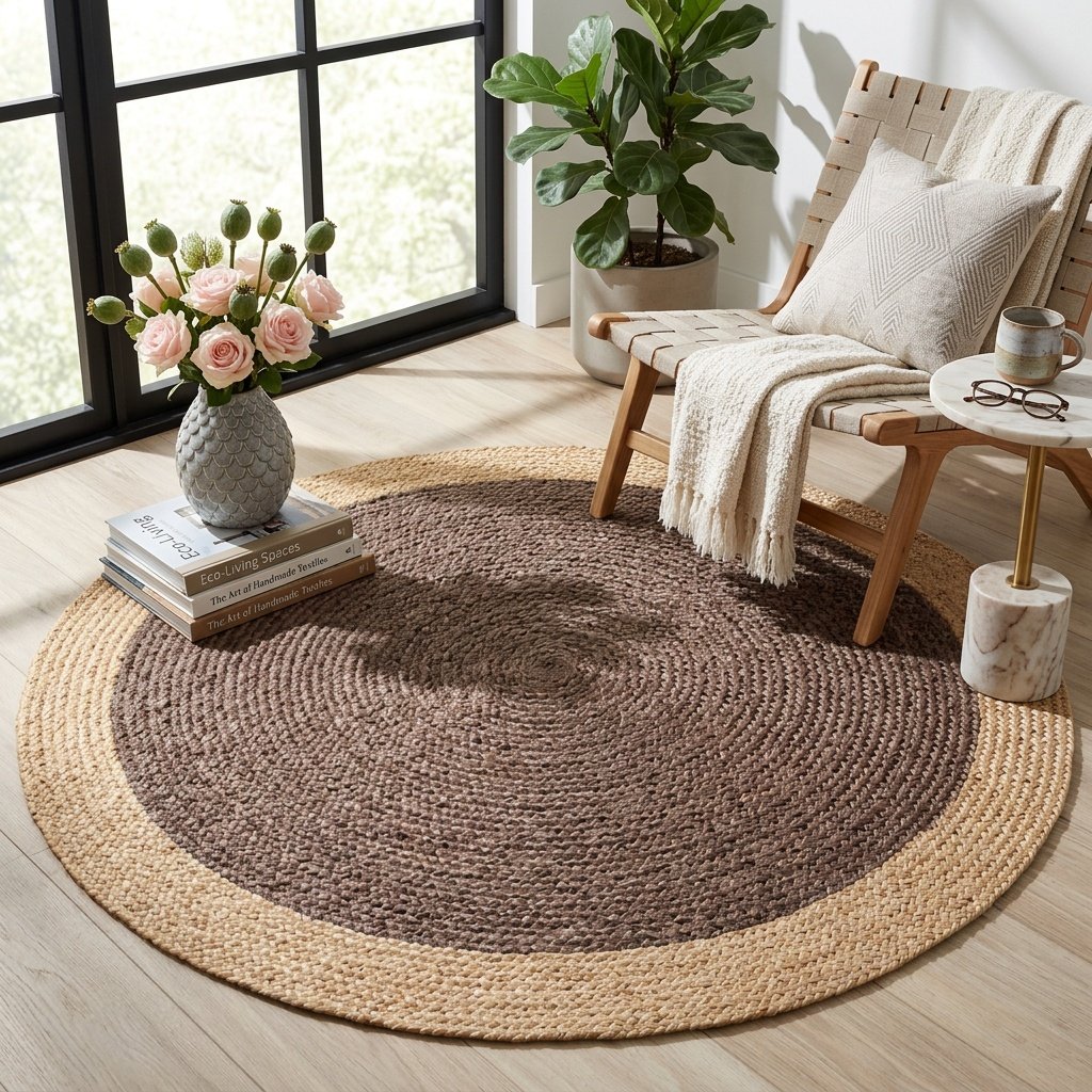 Tapis rond en jute brun chocolat avec bordure beige Chocolate brown round jute rug with beige border