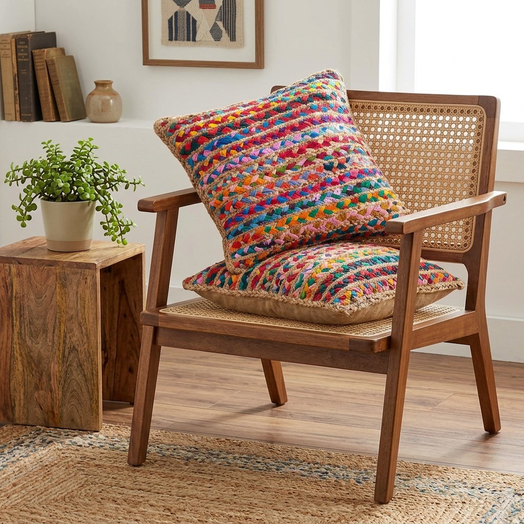 Ensemble de coussins colorés en jute tressée chindi Colorful chindi braided jute pillows set