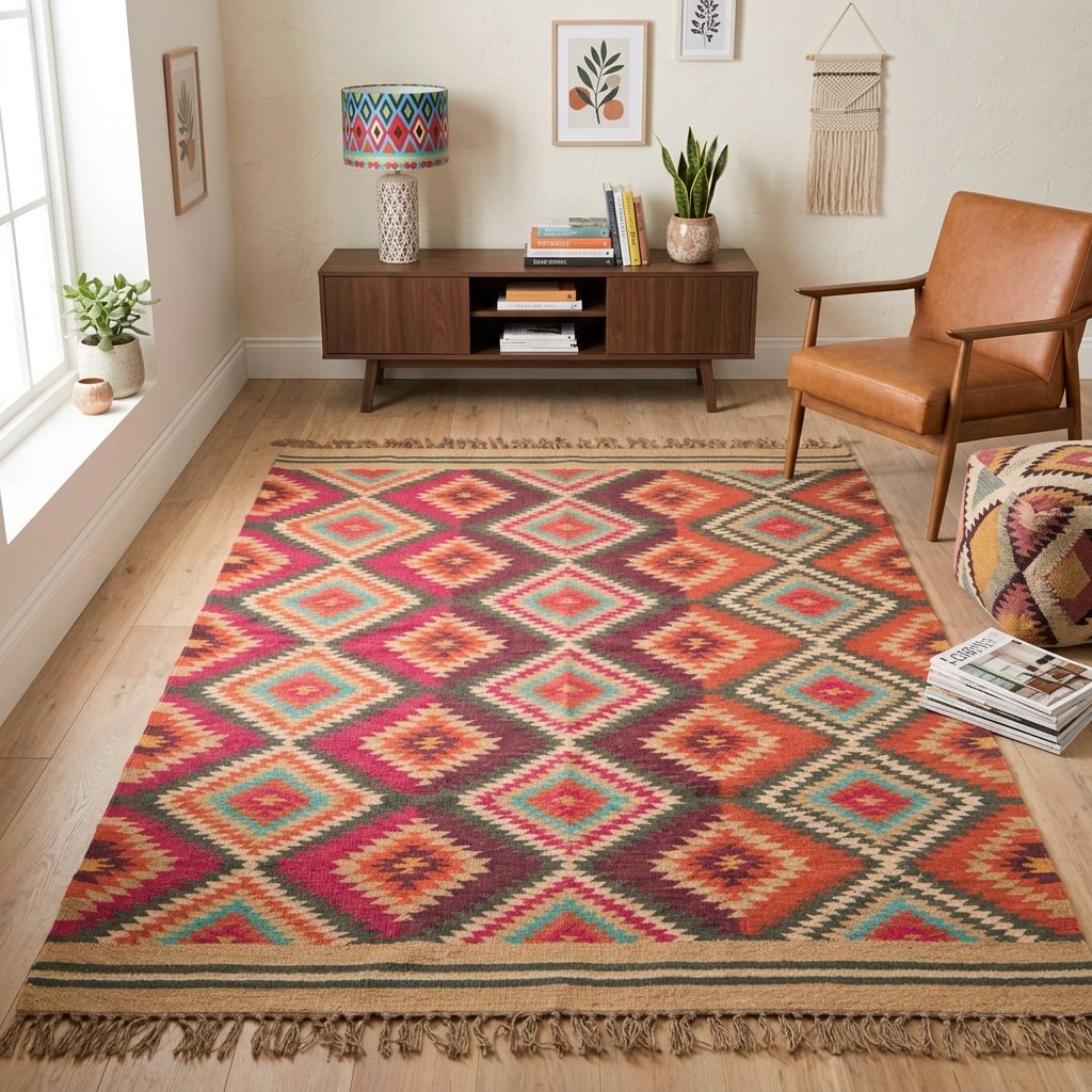 Tapis en laine et jute à losanges colorés Coloured diamond wool and jute rug