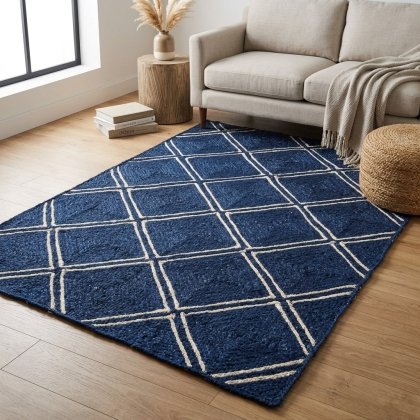 Diamond navy blue jute rug