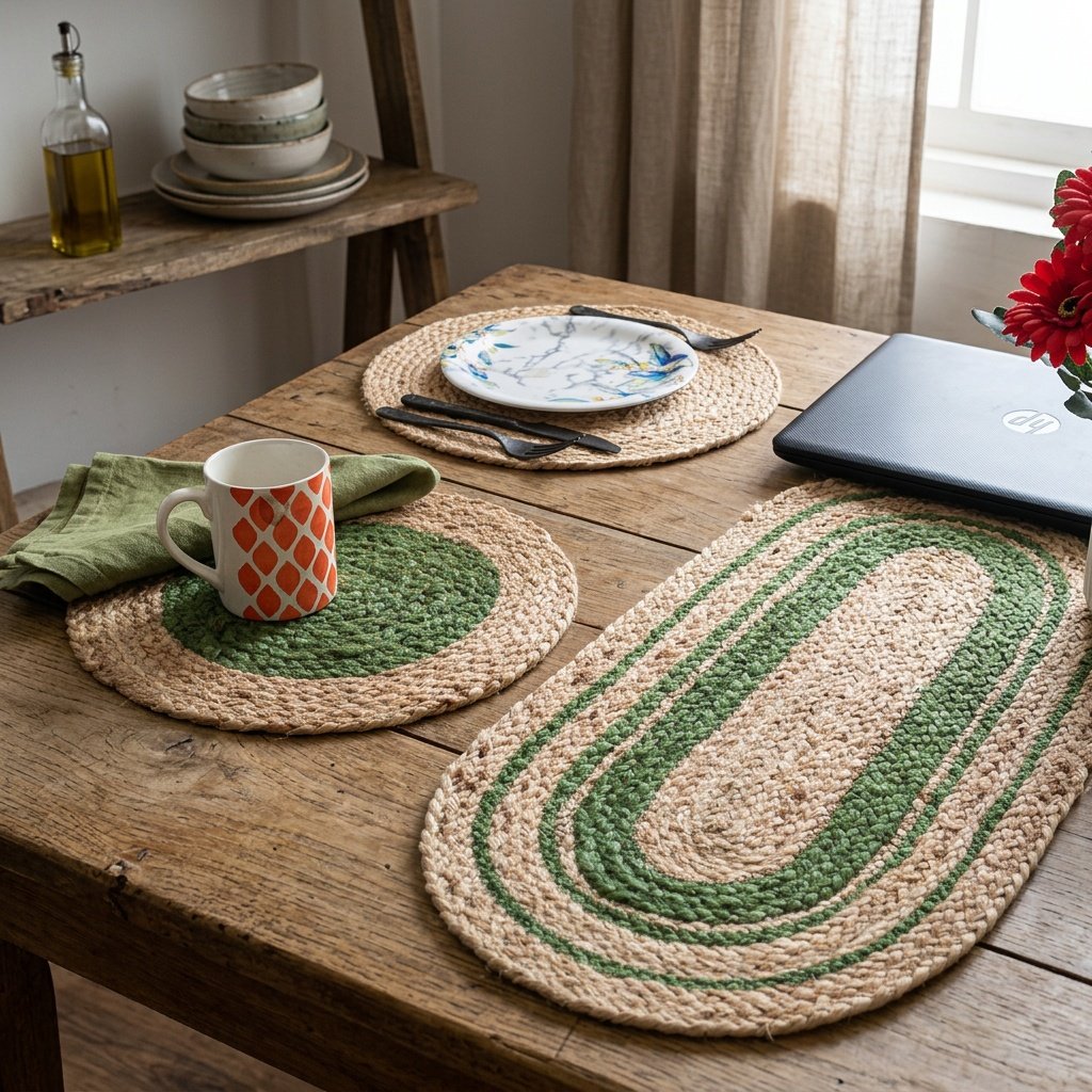 Sets de table ronds et ovales en toile de jute verte Green round and oval jute placemats