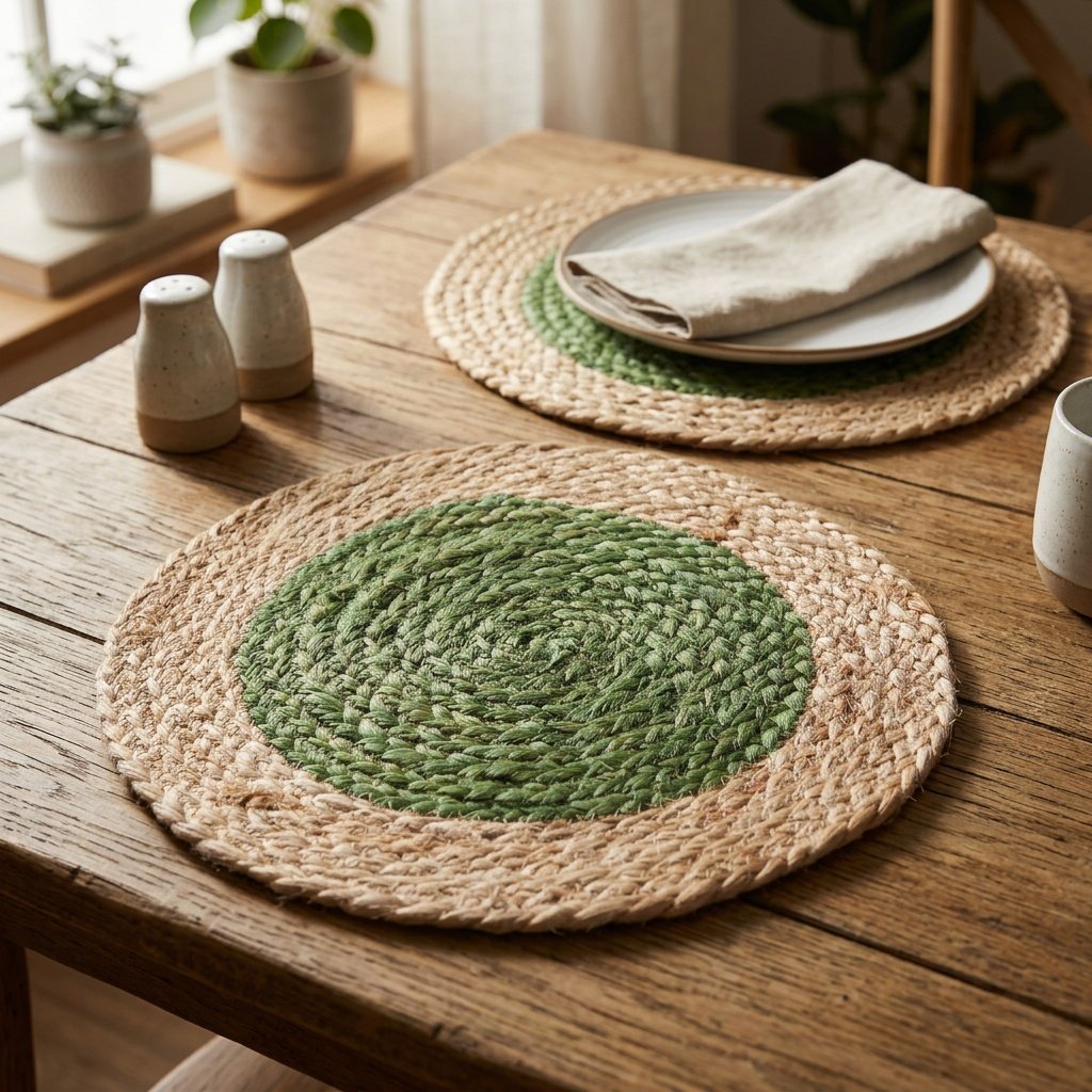 Sets de table ronds en toile de jute verte Green round jute placemats