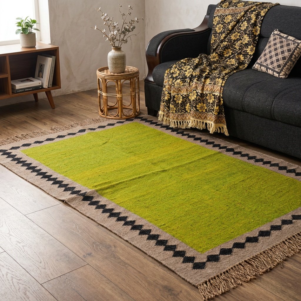 Tapis en laine et jute vert Green wool and jute rug
