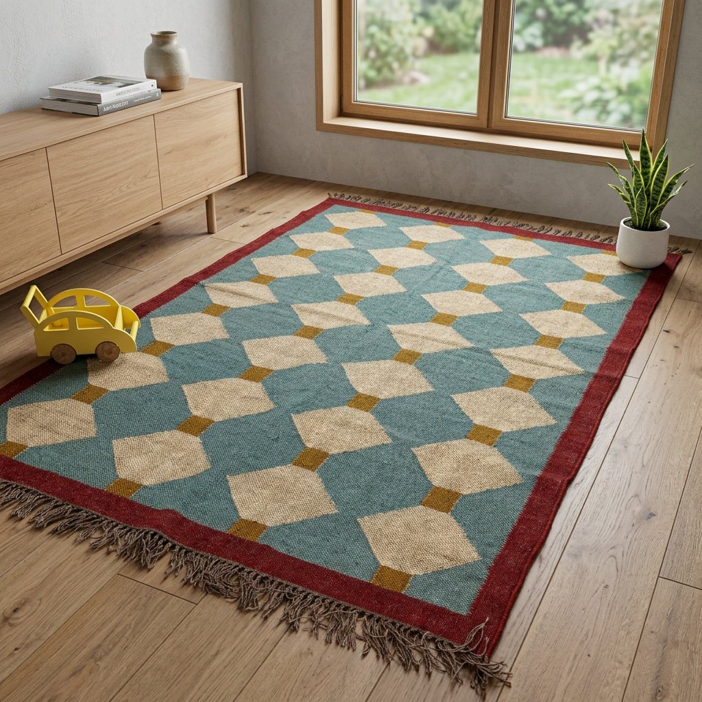 Tapis vert en laine et jute Green woven wool and jute rug