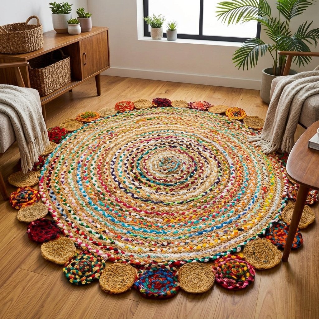 Tapis rond en chindi tressé à la main Hand braided chindi round rug