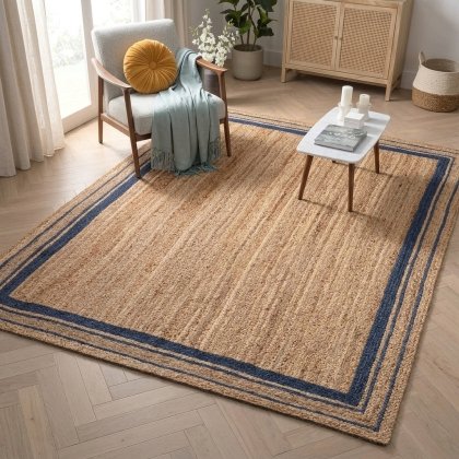 Jute area rugs with navy trim