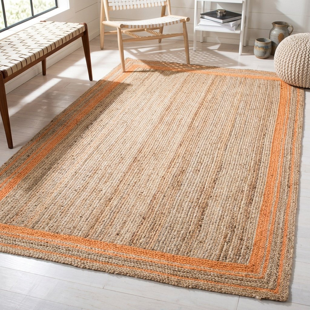 Tapis de sol en jute avec bordure orange Jute area rugs with orange trim