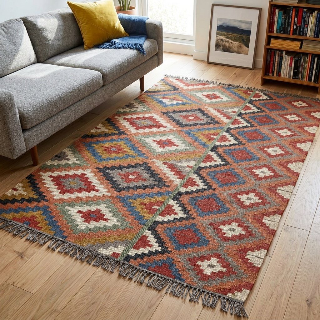 Tapis Kilim dhurrie en laine et jute Kilim dhurrie wool and jute rug