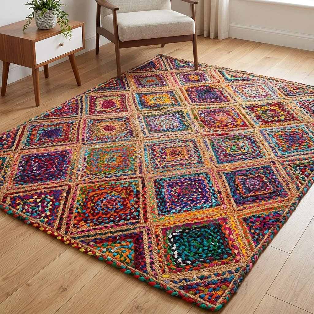 Tapis en coton et jute à losanges multicolores Multicolor Diamond cotton and jute rug