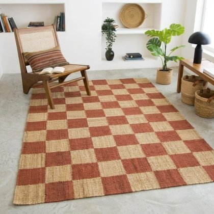 Natural and rust hemp jute checkered rug