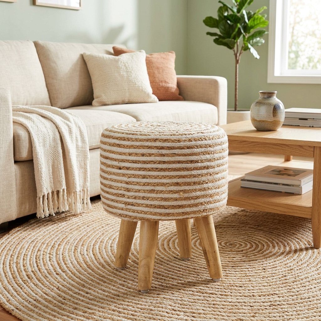 Pouf en jute naturel et blanc Natural and white cotton jute pouf ottoman