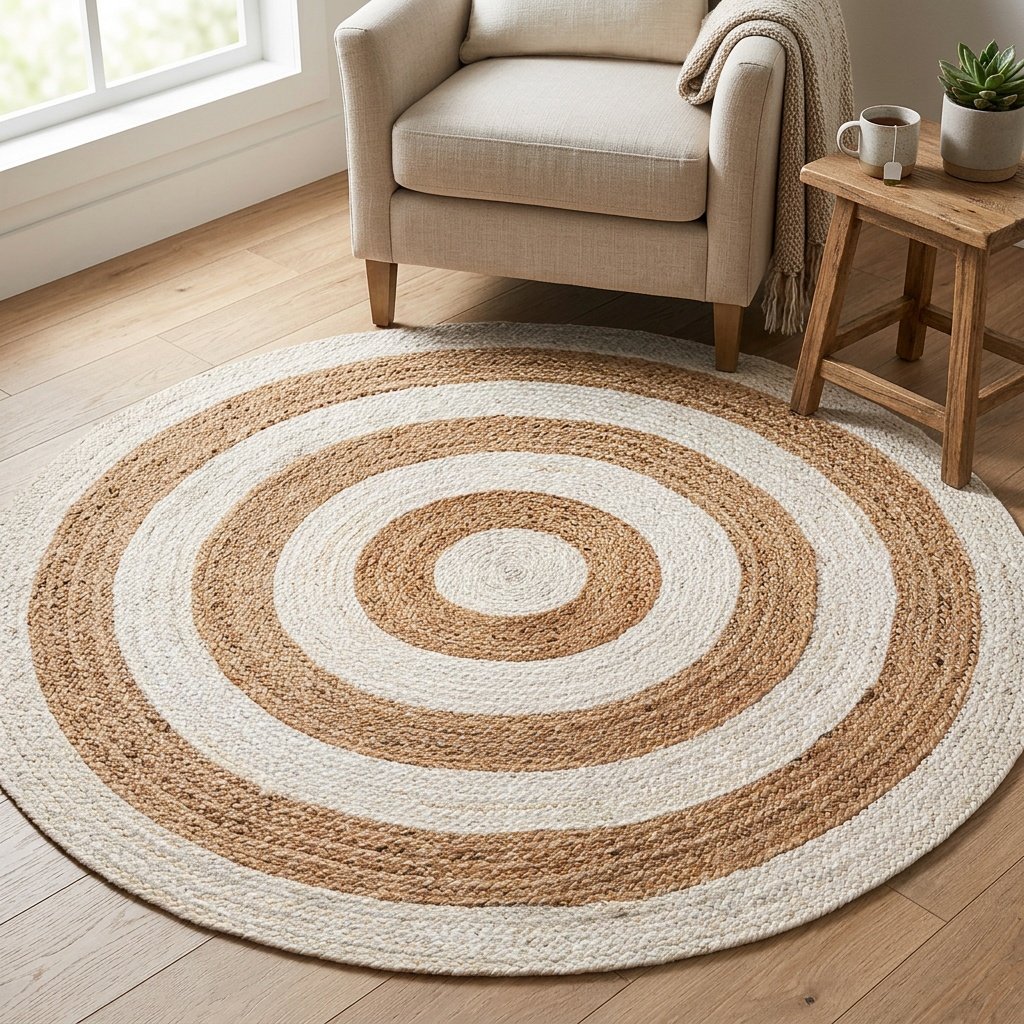 Tapis rond en jute naturel et blanc Natural and white target jute round rug