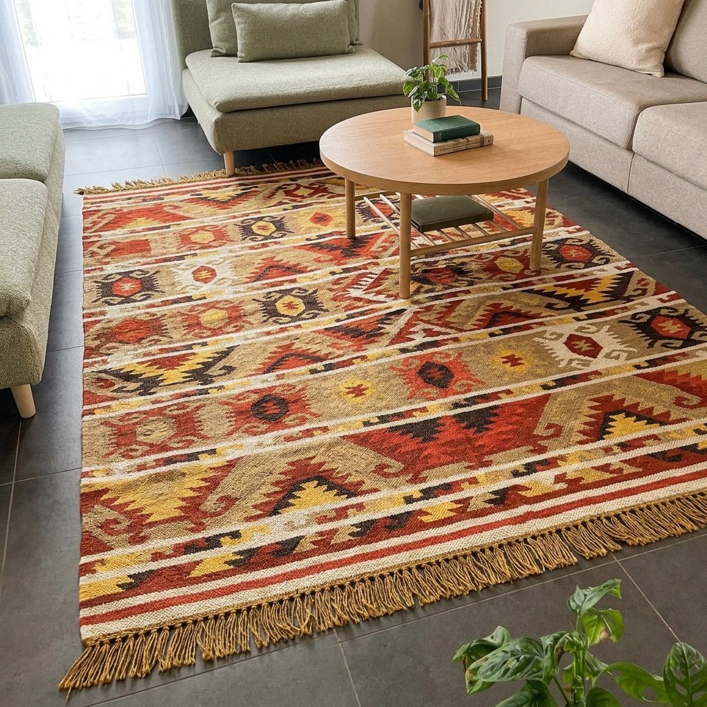 Tapis kilim en laine et jute de style navajo Navajo style wool and jute kilim rug