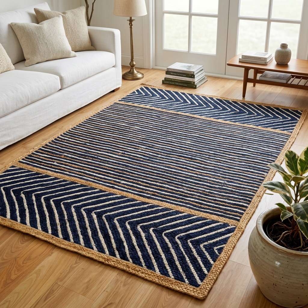 Tapis de jute rayé marine et blanc Navy and white striped jute area rug