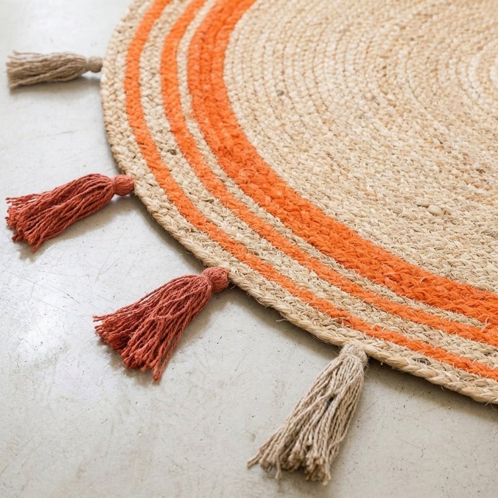 Tapis rond en jute tressé à franges orange avec pompons Orange trim braided round jute rug with tassels
