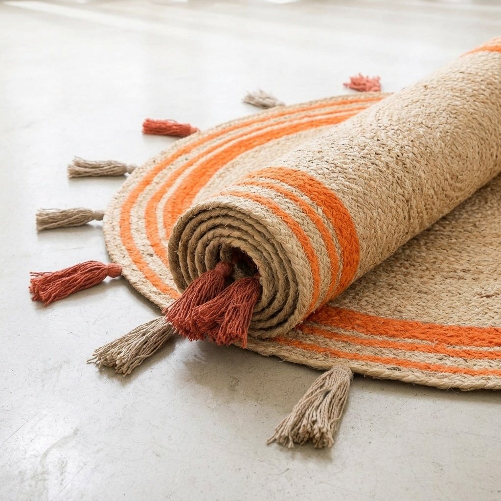Tapis rond en jute tressé à franges orange avec pompons Orange trim braided round jute rug with tassels
